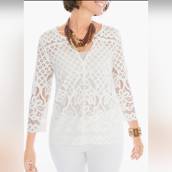 Chico's Women's Large Scale Lace +Cami Split Neck Top Ivory/Cream 2/Large - Picture 13 of 16